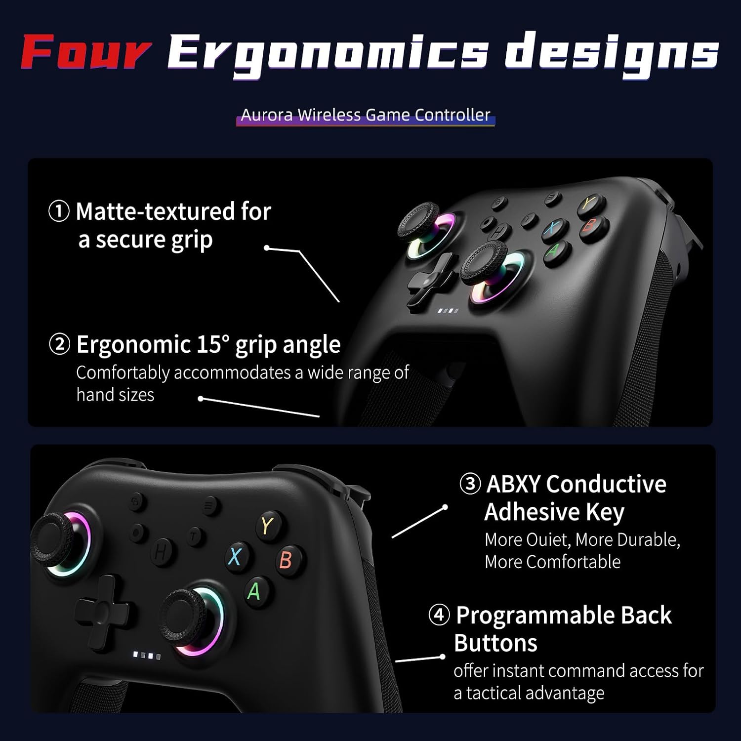 AceGamer Aurora II 2.4G Wireless Bluetooth Controller for PC/Android/Switch/iOS/Switch 2/Steam Deck with Rotary Motors, RGB Hall Effect Joysticks - Upgraded PC Gaming Controller and Back Buttons Lock - Image 6