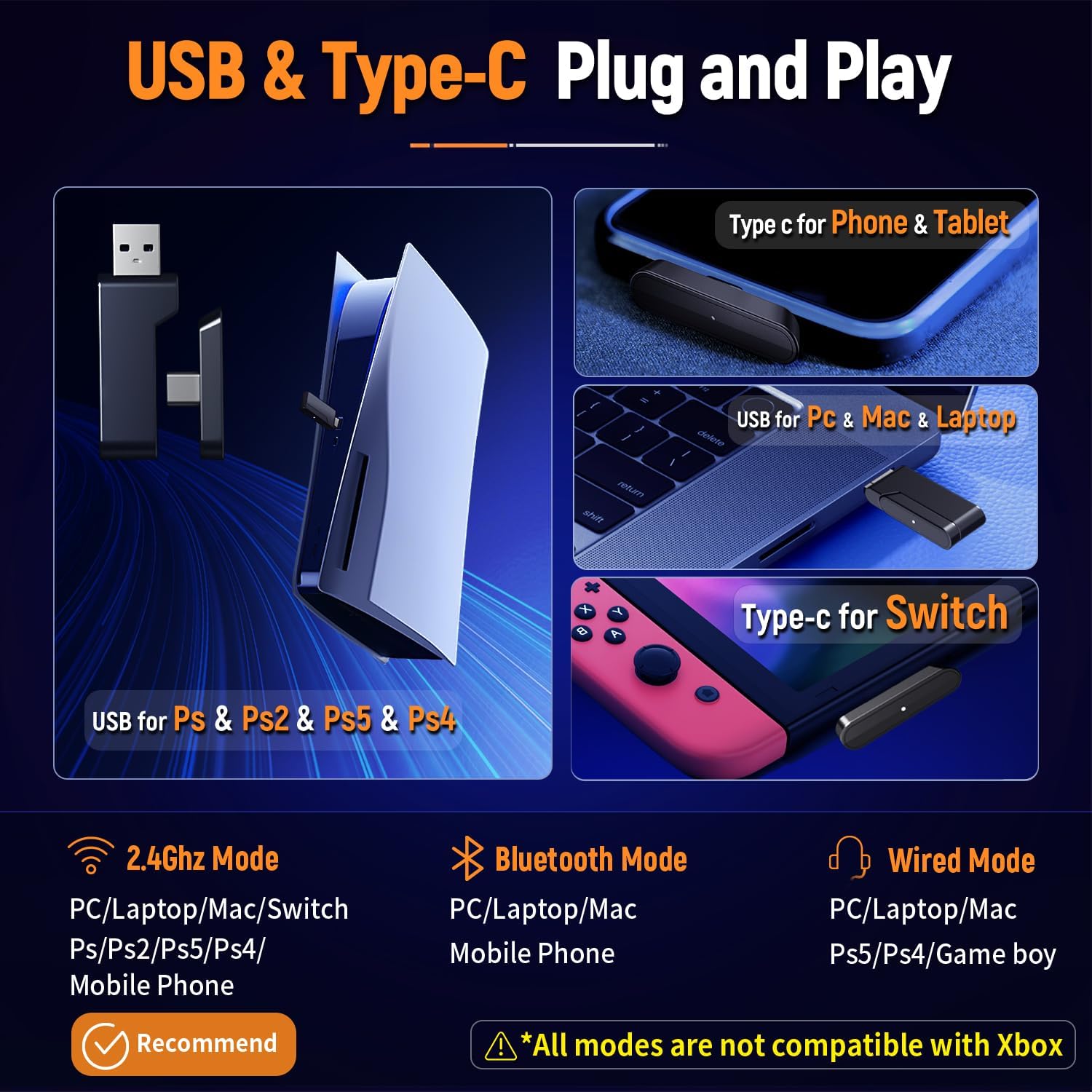Ozeino Wireless Gaming Headset for PS5, PC, Switch| Lossless Audio-40H Batt | Play & Charge, 2.4GHz USB & Type-C, Flip Mic, Works with PS4, Mac, laptop, mobile, Ideal for FPS, RPG - Image 5