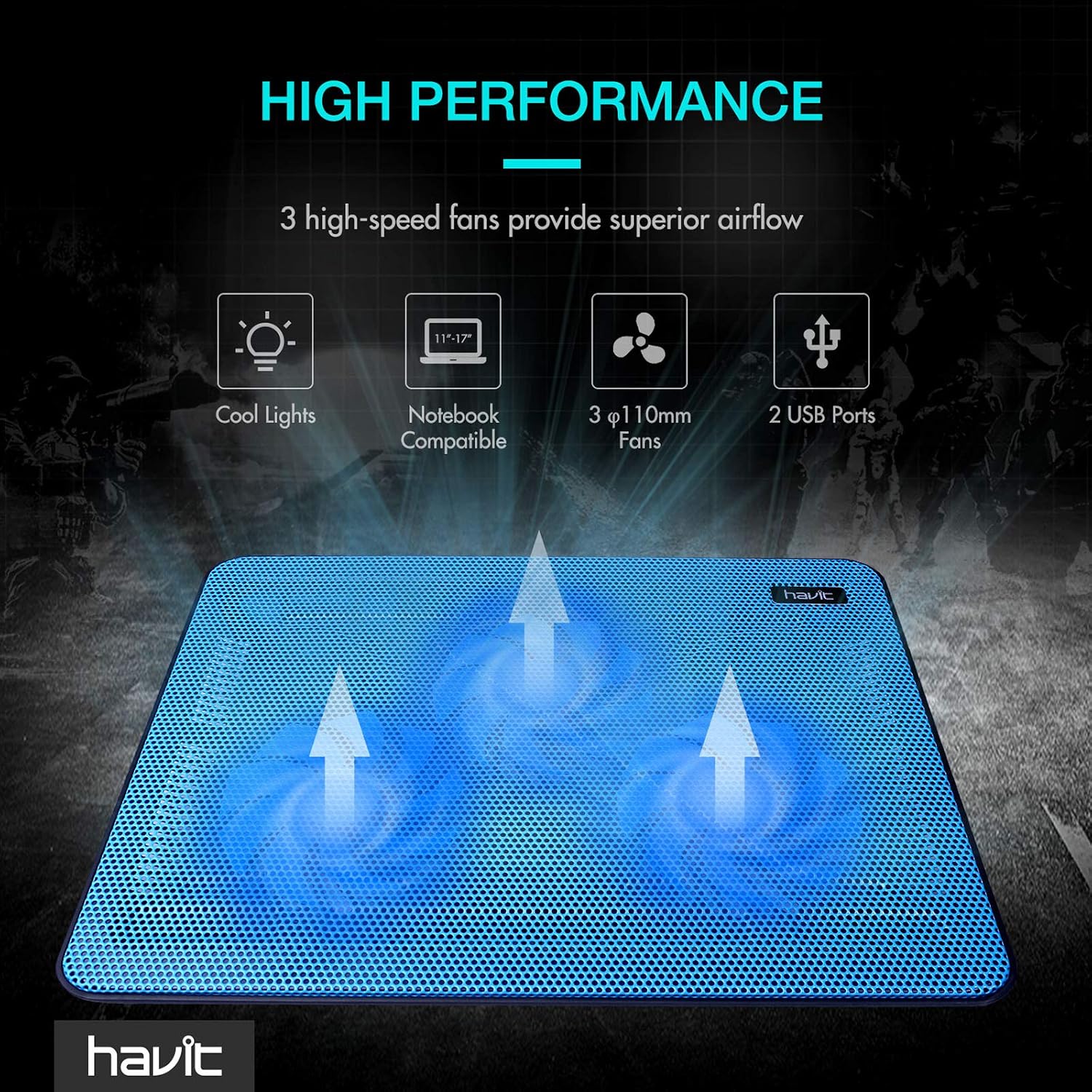 havit HV-F2056 Laptop Cooling Pad for 15.6-17 Inch Laptops, Blue | Three quiet USB-powered fans circulate air below the laptop, two height settings improve viewing and typing comfort - Image 2