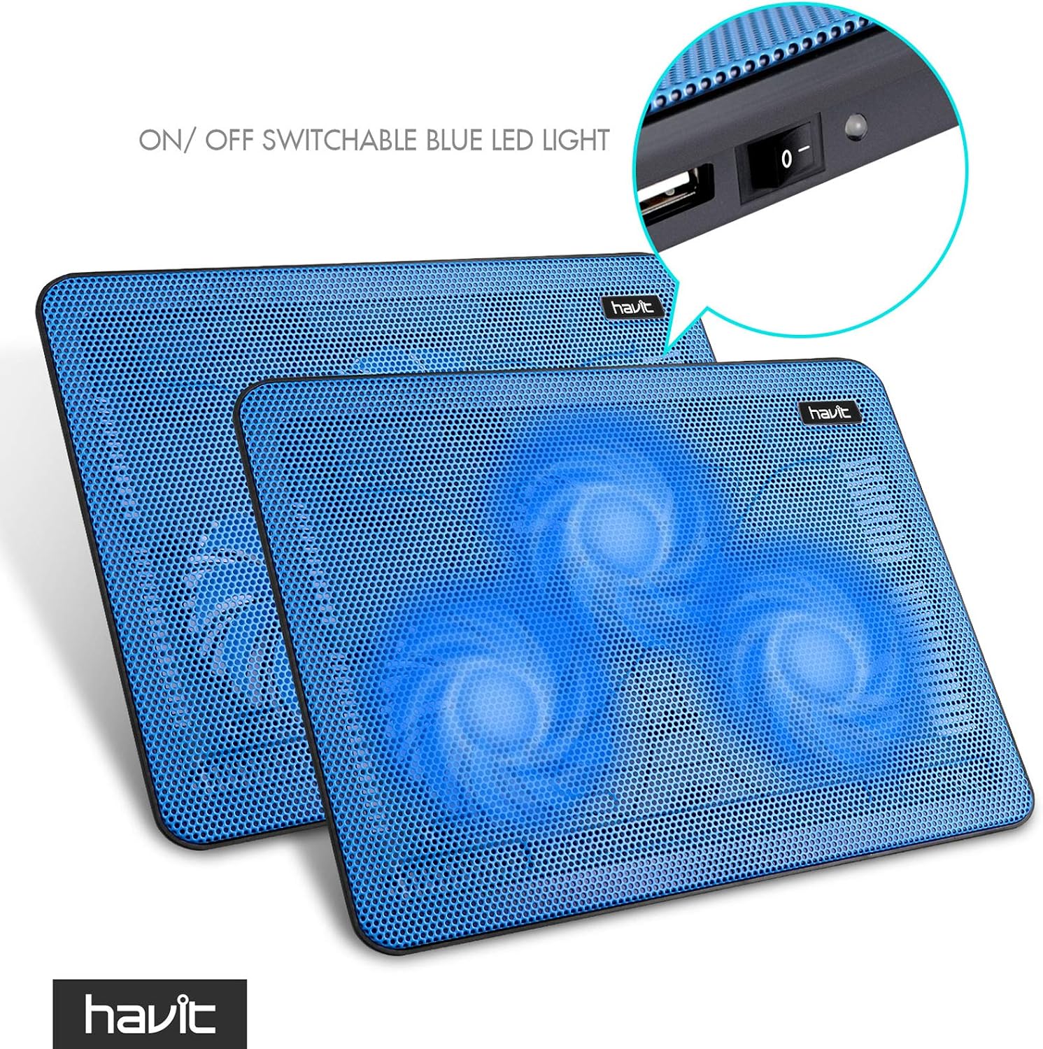 havit HV-F2056 Laptop Cooling Pad for 15.6-17 Inch Laptops, Blue | Three quiet USB-powered fans circulate air below the laptop, two height settings improve viewing and typing comfort - Image 3