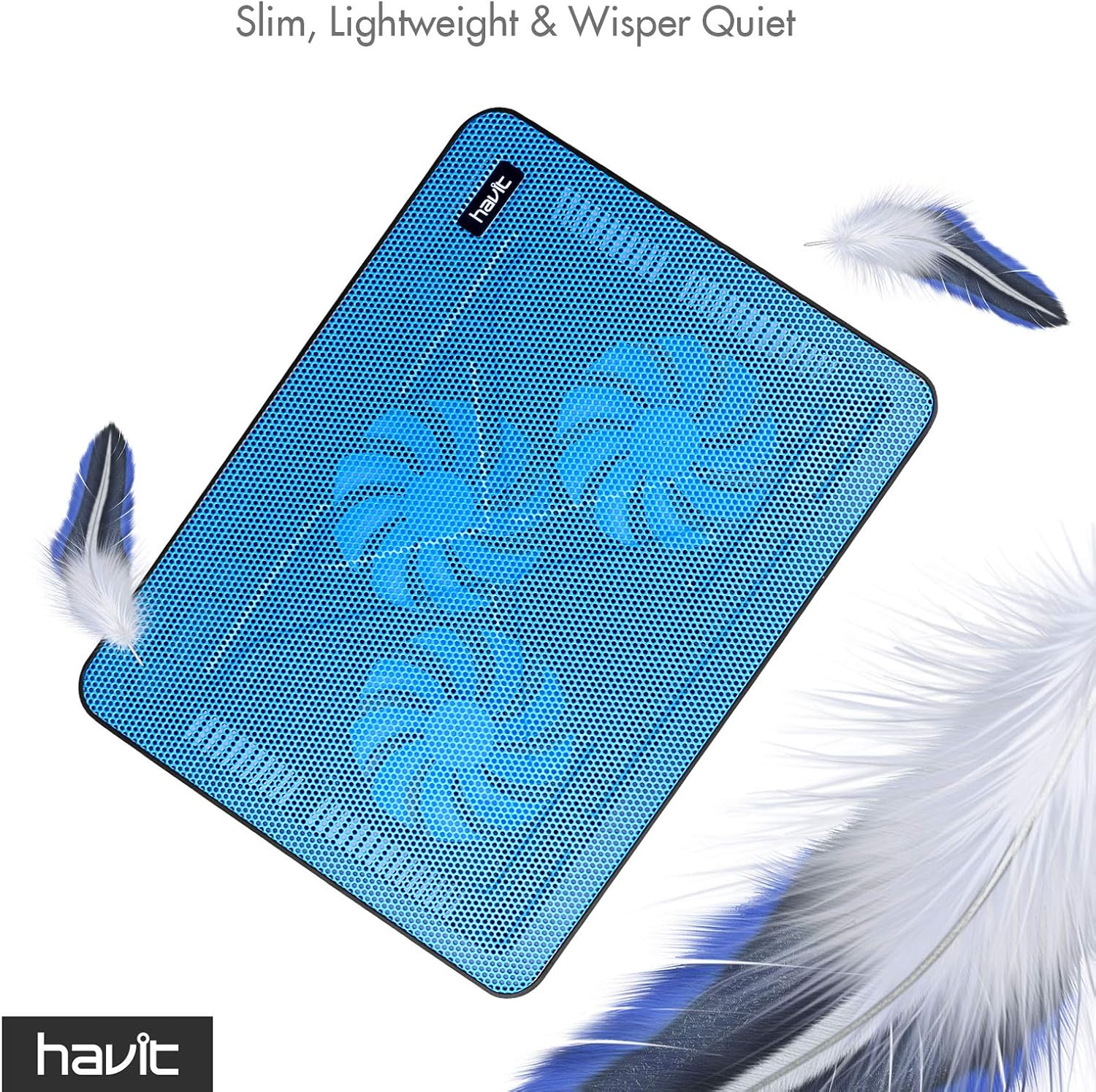 havit HV-F2056 Laptop Cooling Pad for 15.6-17 Inch Laptops, Blue | Three quiet USB-powered fans circulate air below the laptop, two height settings improve viewing and typing comfort - Image 4