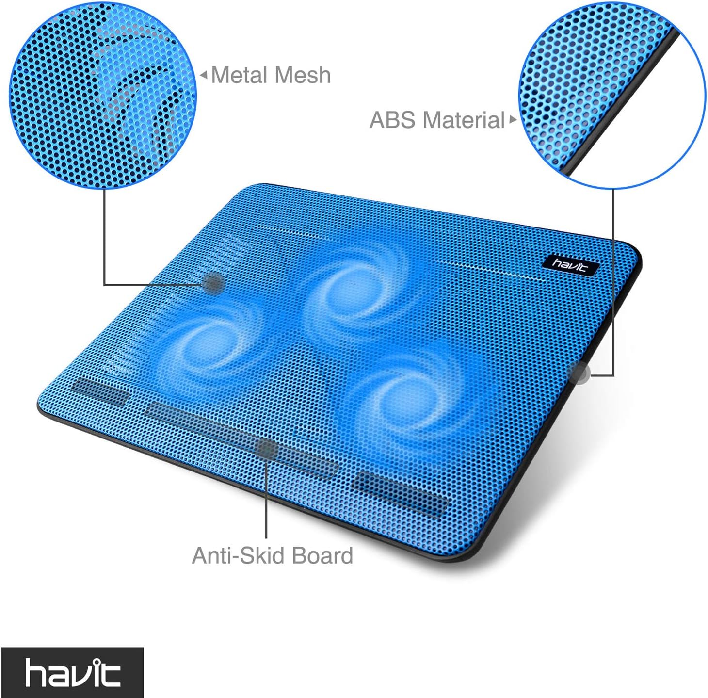havit HV-F2056 Laptop Cooling Pad for 15.6-17 Inch Laptops, Blue | Three quiet USB-powered fans circulate air below the laptop, two height settings improve viewing and typing comfort - Image 5