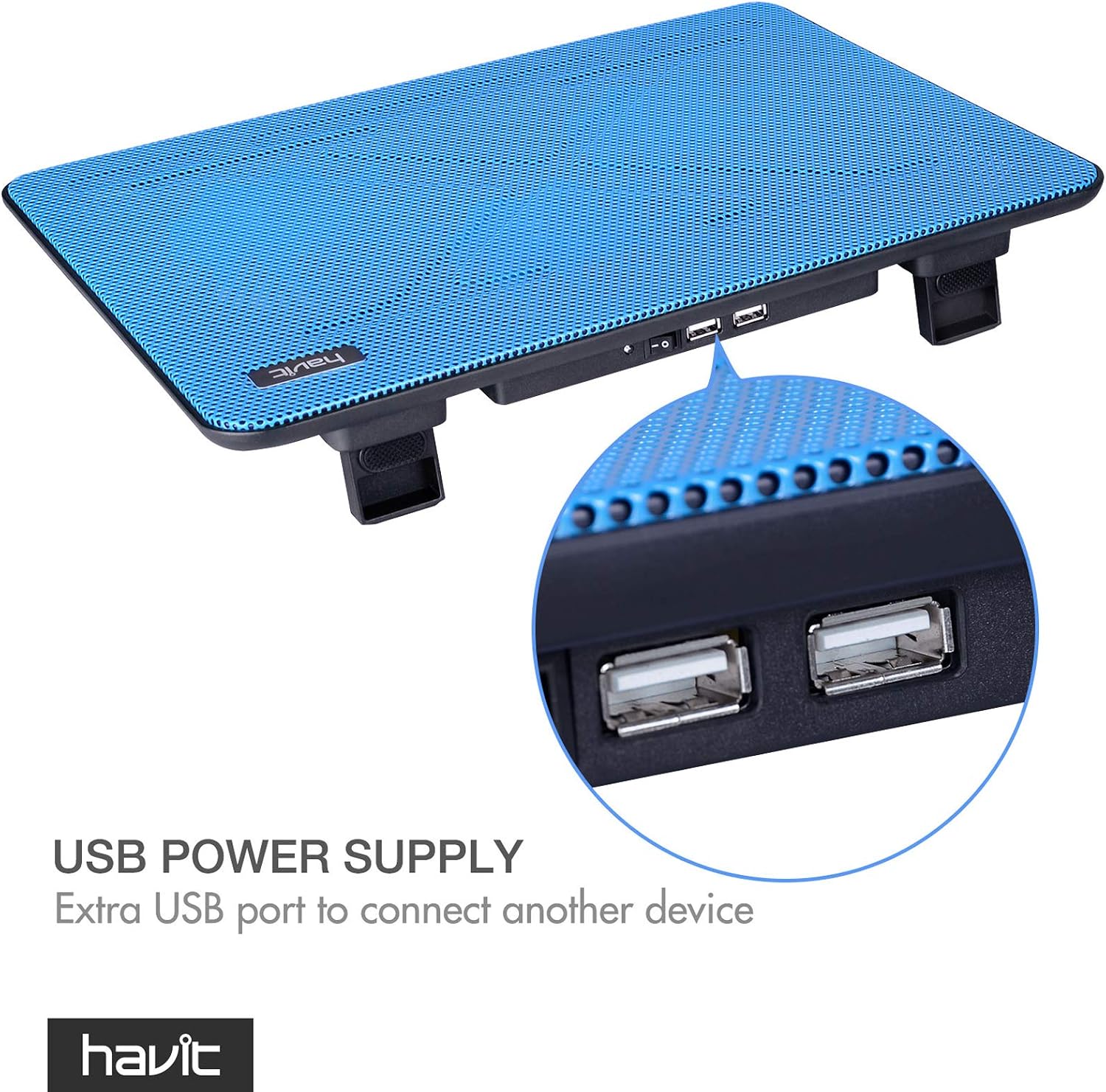 havit HV-F2056 Laptop Cooling Pad for 15.6-17 Inch Laptops, Blue | Three quiet USB-powered fans circulate air below the laptop, two height settings improve viewing and typing comfort - Image 6