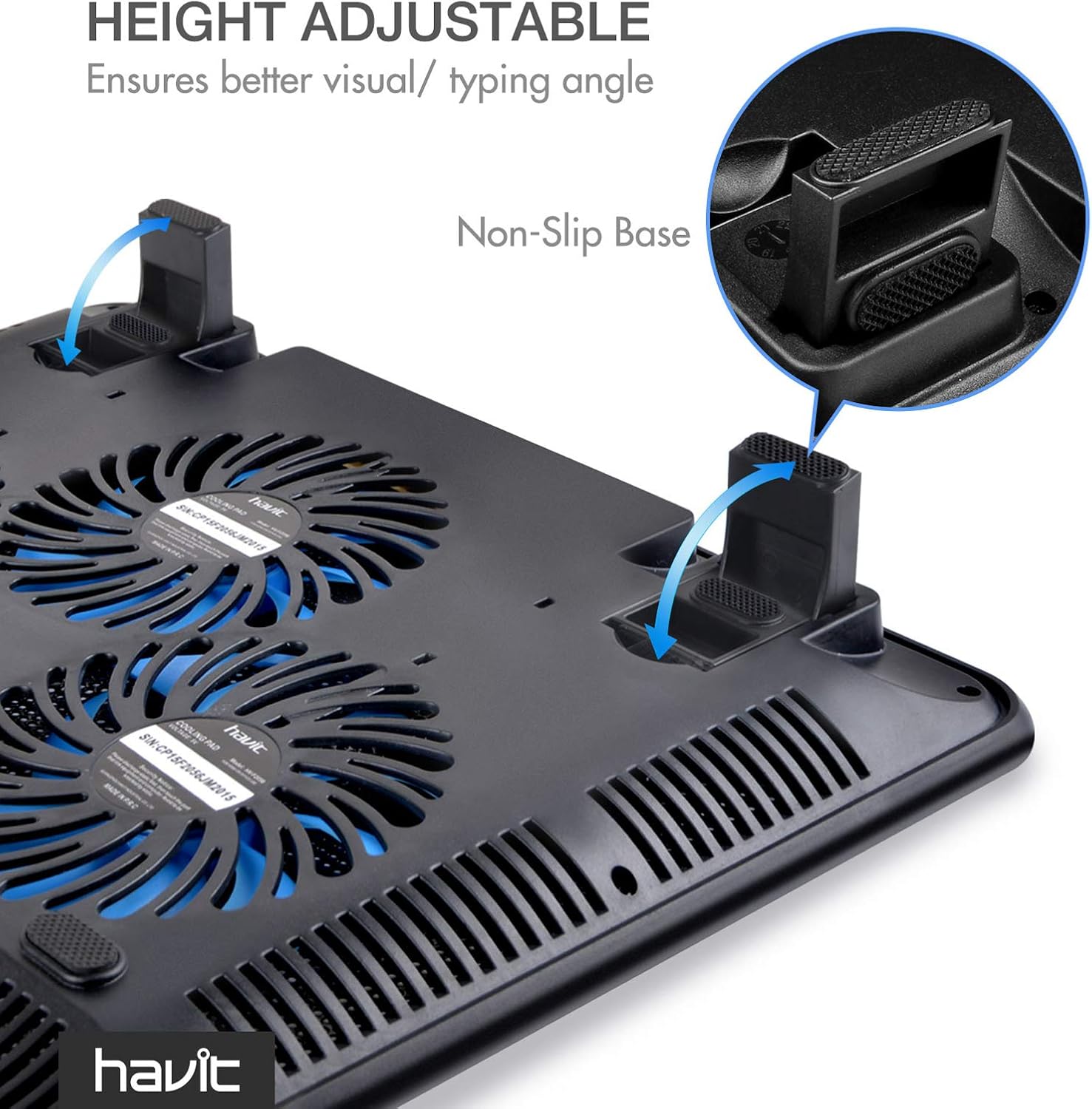 havit HV-F2056 Laptop Cooling Pad for 15.6-17 Inch Laptops, Blue | Three quiet USB-powered fans circulate air below the laptop, two height settings improve viewing and typing comfort - Image 7