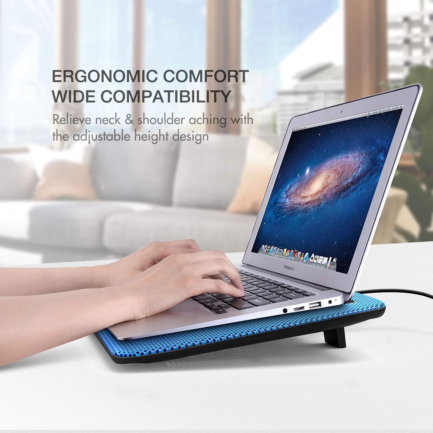 havit HV-F2056 Laptop Cooling Pad for 15.6-17 Inch Laptops, Blue | Three quiet USB-powered fans circulate air below the laptop, two height settings improve viewing and typing comfort - Image 9
