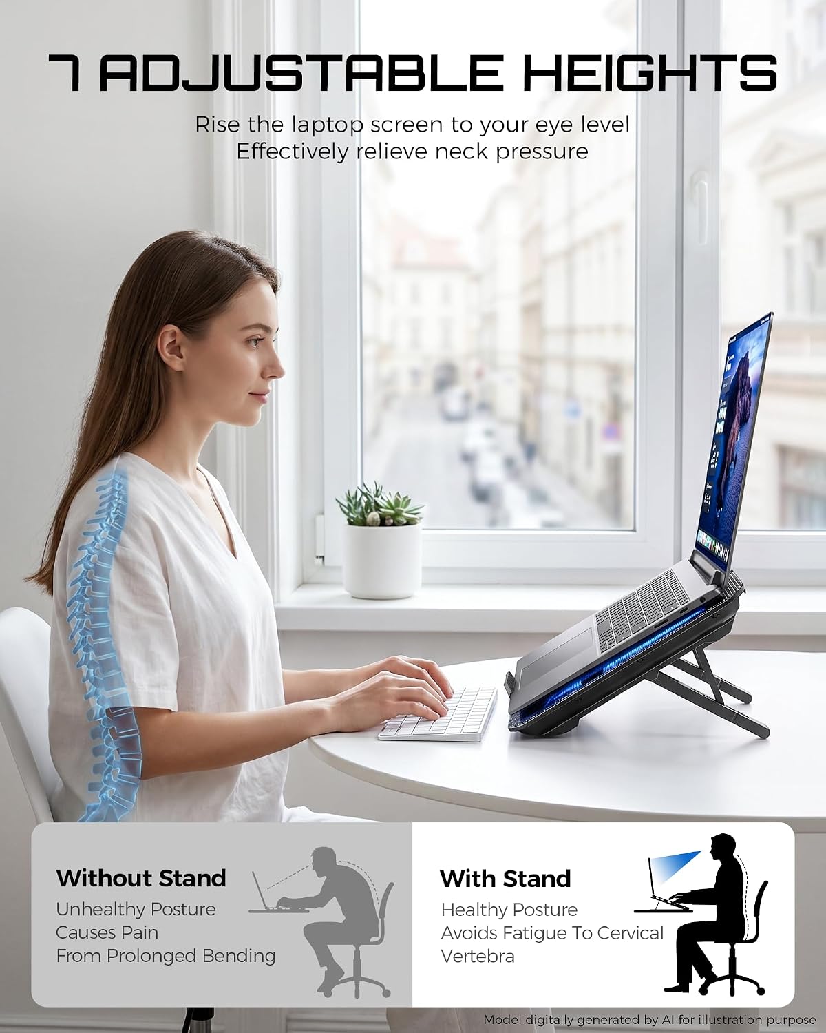 Laptop Cooling Pad for 12-17.3 Inch Laptops, Slim Stand with 6 Quiet Fans | 7 Adjustable Heights, 2 USB Ports, Portable Cooling Mat for Office & Home - Image 3