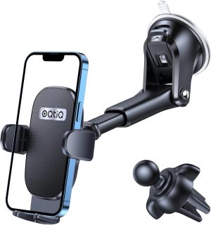 OQTIQ 3-in-1 Car Phone Mount for Dashboard, Windshield & Air Vent – Strong Suction Cup Holder with Adjustable Arm & 360° Rotation